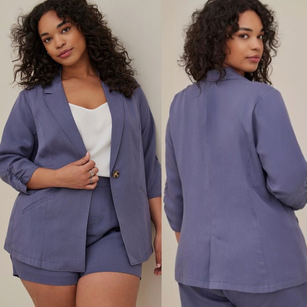 Torrid Blue Lyocell Linen 3/4 Ruched Sleeve Blazer Jacket Plus Size 4X NWT